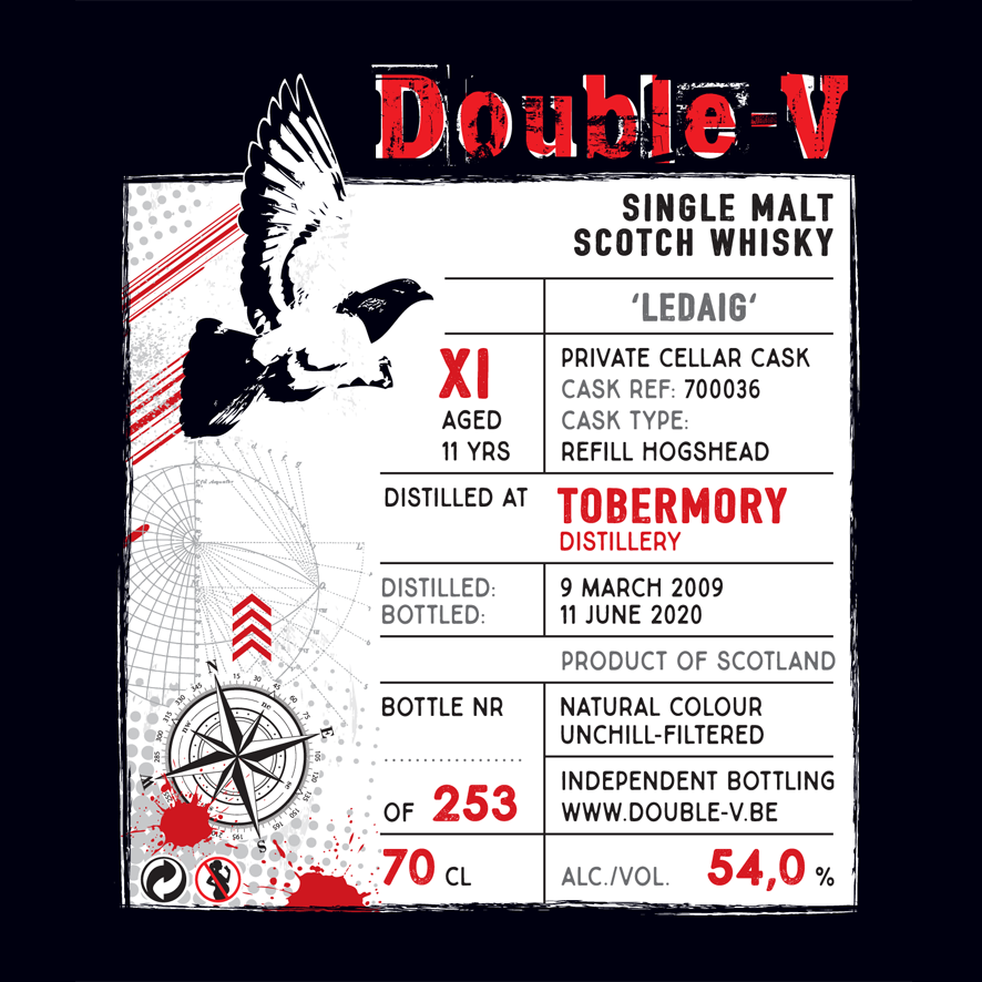 Double V whiskey tobermory grunge label in red, white and black
